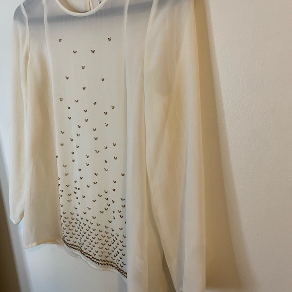 Broadway & Broome Women’s silk Sheer long sleeve Cream Golden beaded Blouse - Picture 3 of 12